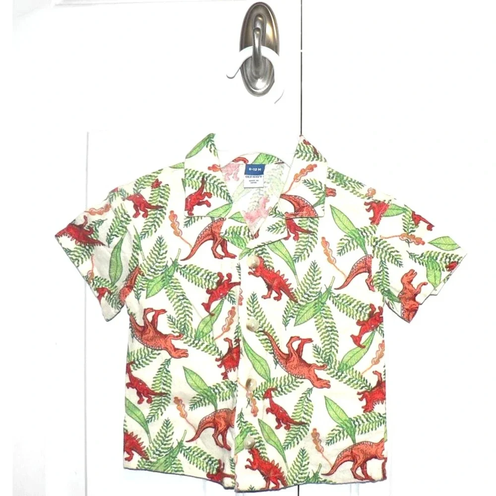 Old Navy Baby Boy Printed Double Weave Shirt and Shorts Set Dinosaur Print 6-12M